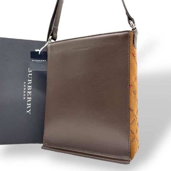 BURBERRY shoulder bag with logo stitching, brown leather and suede, silver ha... - Picture 1 of 16